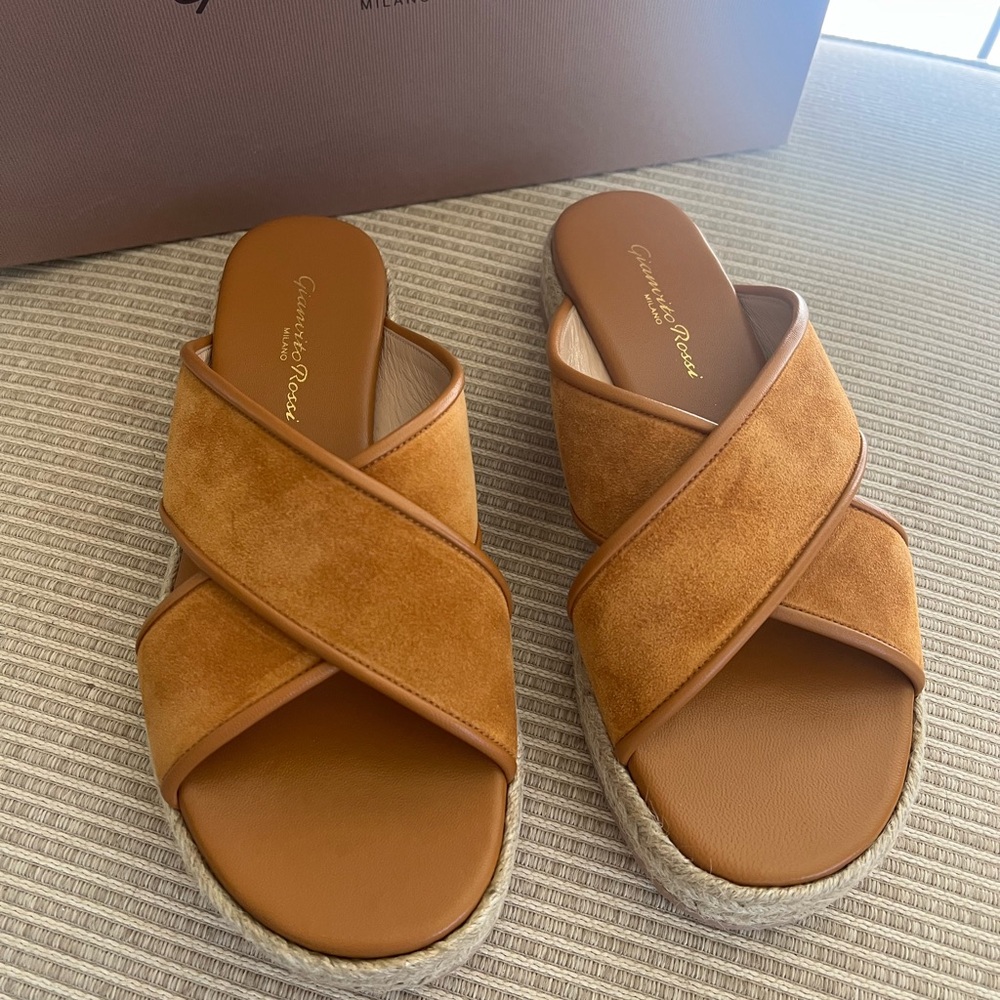NWT. Gianvito Rossi Leather-trimmed suede espadrille sandals